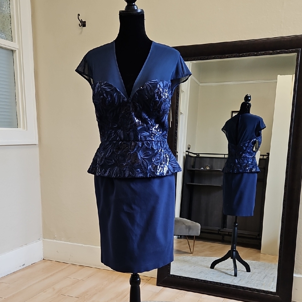 Size 12 navy blue V-neck sleeved peplum dress w/ sequins by Terani Couture NWT